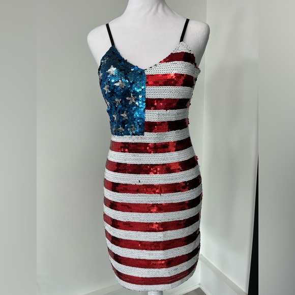USA American Flag Patriotic Sequin Dress- Spaghetti Strap Sleeveless- XS - NWT - Picture 7 of 8